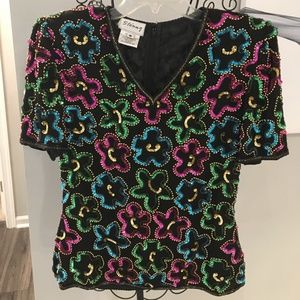 Vintage Stenay Floral Sequin Black Cocktail Top